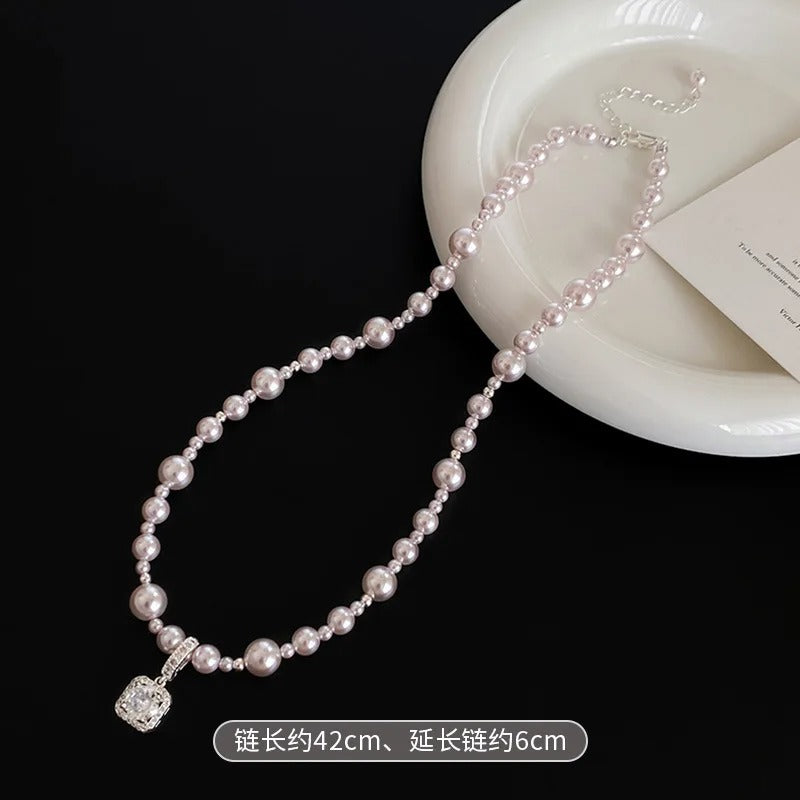 New Manta Rose Pearl Necklace Summer Women High-end Light Luxury Simple Sugar Cube Zircon Pendant Collarbone Chain