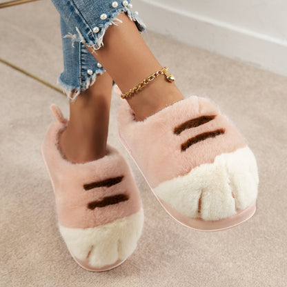 3D Cat Paw Plush Slippers Flat Thermal Winter Slippers Comfortable Fluffy Home Slippers Furry Paw Couple Slippers For Indoor Bedroom