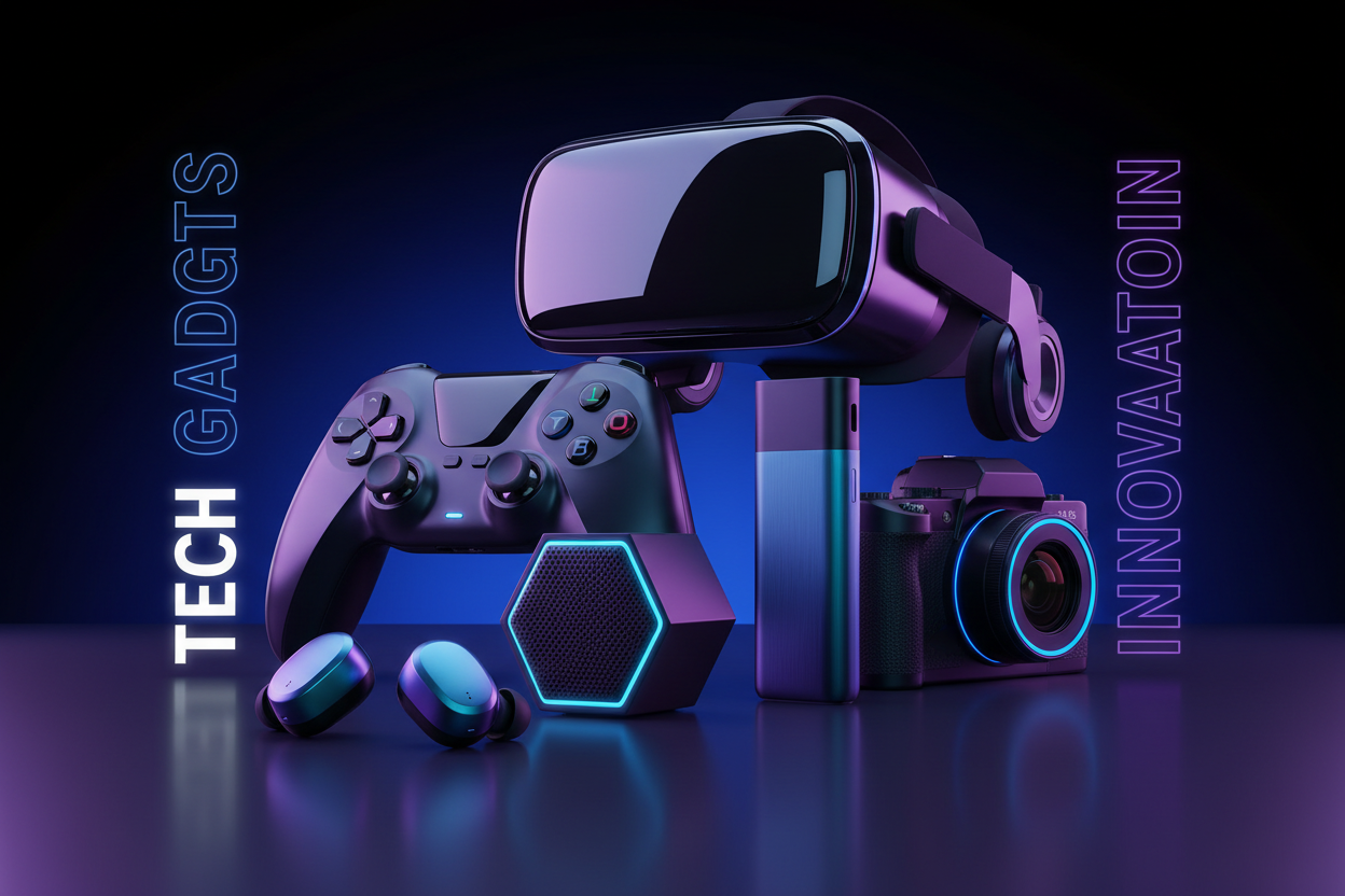 make an image for gadgets with attractive shiny colors and attarctive images of gadgets but not mobile laptop or watch colours should be blue purple and black also add vertical text bases on the theme