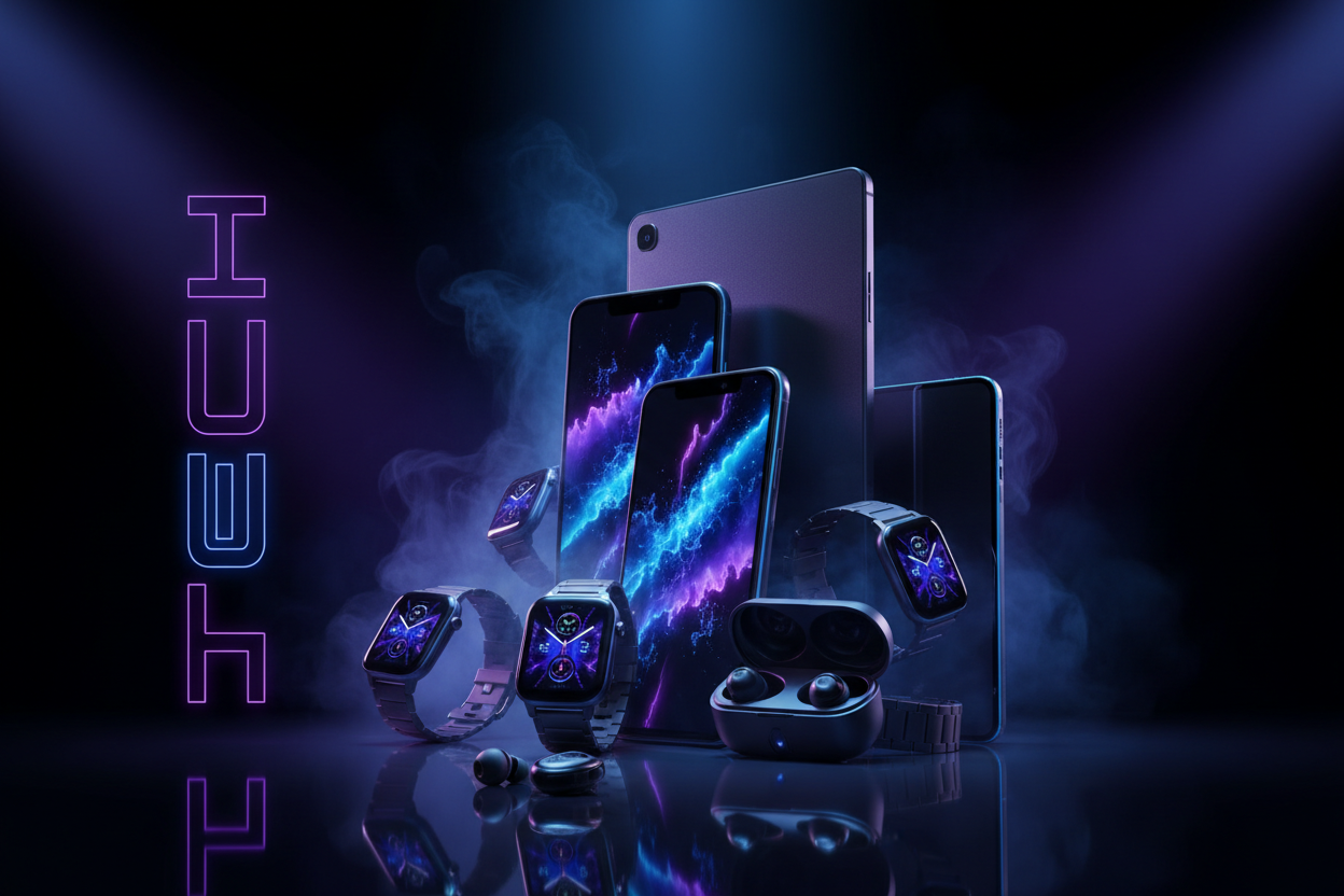 make an image with attractive shiny colours theme of gadgets black blue and purple with smoke and vertical text